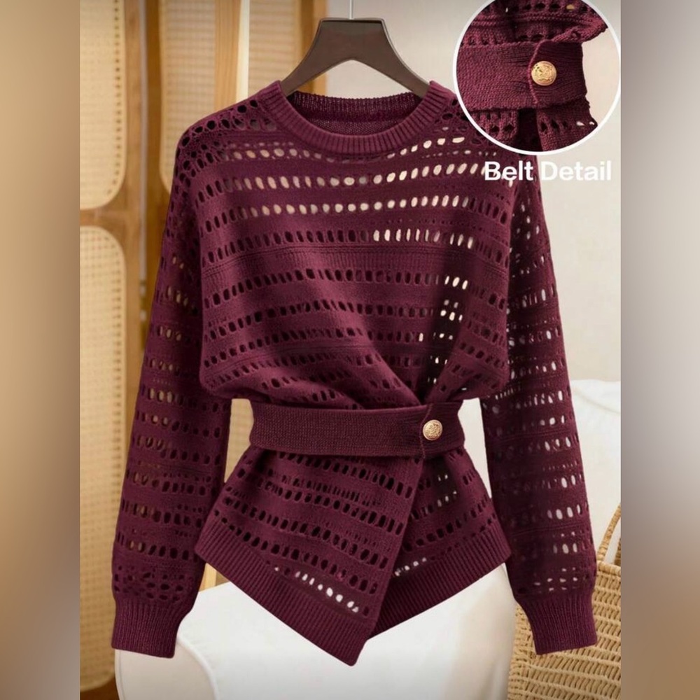 Beautiful, maroon knitted belted sweater